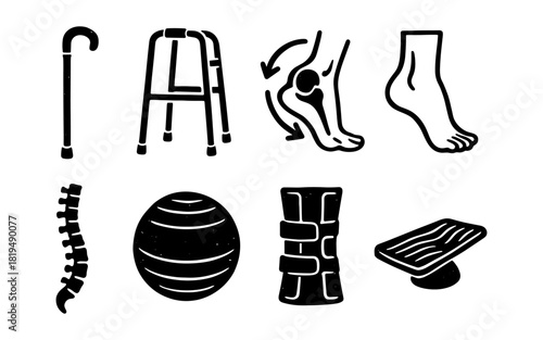 Black and white icons of mobility aids and orthopedic health equipment