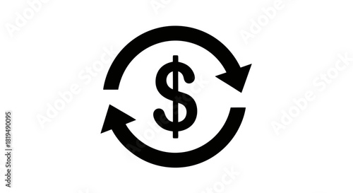 A black and white icon representing currency exchange with a dollar sign surrounded by circular arrows.