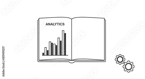 An open book with the word 'Analytics' and a bar graph, with gears in the corner.