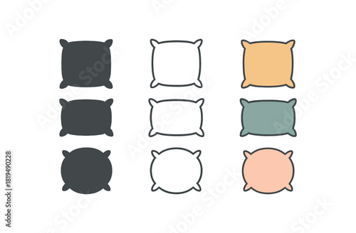 decorative cushion icons three group of throw pillow icons simple shapes one flat solid monochrome one thin black outline black and white one full color flat icon mixed soft colors