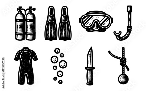 Vintage diving equipment set featuring snorkel, fins, and diving suit in a retro style