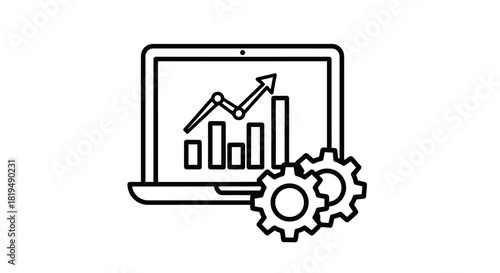 A laptop showing a growth chart with gears representing business analytics and performance management.