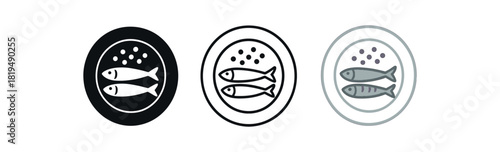 dutch herring icons three small fish on plate silhouettes with onion dot shapes one flat solid monochrome one thin black outline black and white one full color flat icon silver and purple