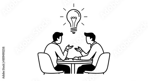 Two businessmen collaborating at a table, a lightbulb symbolizing a new idea or solution.