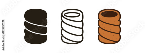 czech trdelnik icons three chimney cake roll silhouettes one flat solid monochrome one thin black outline black and white one full color flat icon warm cinnamon tones