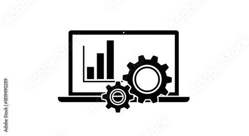 A laptop displaying a bar chart with two gears in the foreground, symbolizing data analysis, process management, and technological solutions.