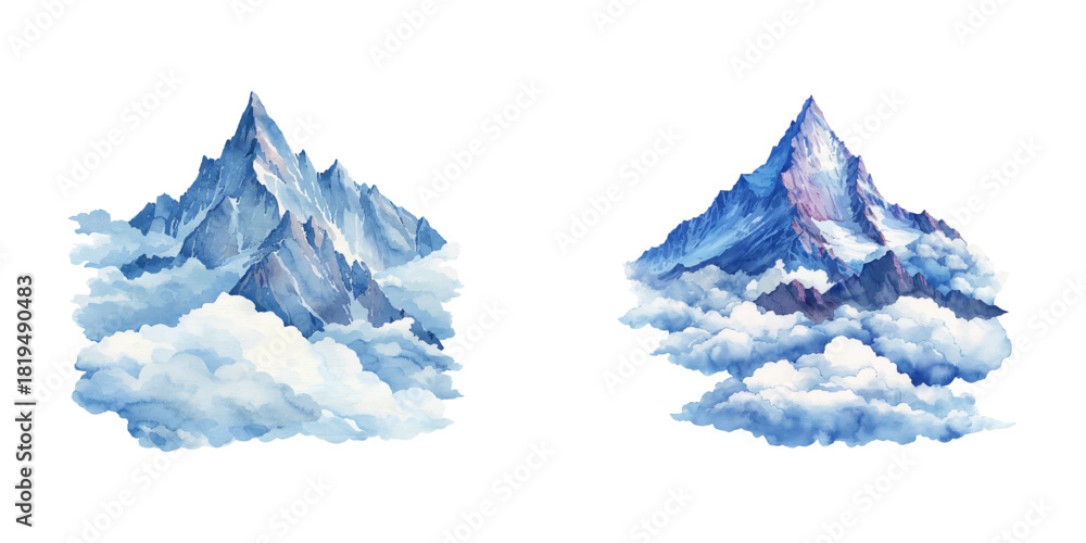 Fototapeta premium mountain peak in the clouds watercolor vector illustration