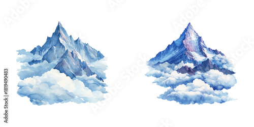 mountain peak in the clouds watercolor vector illustration