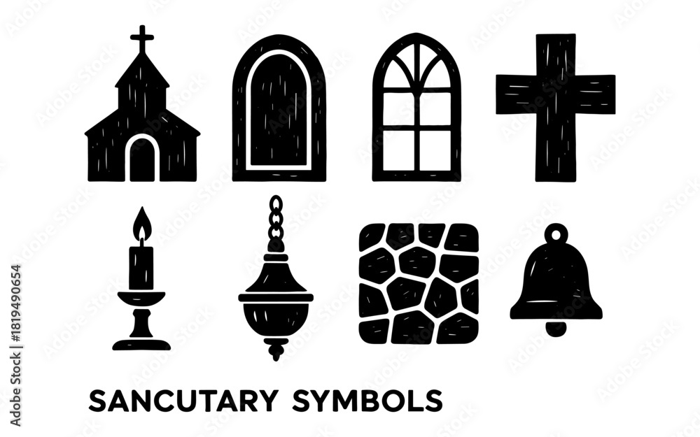 Obraz premium Minimalistic sanctuary symbols: church, cross, candle, windows, bell design elements