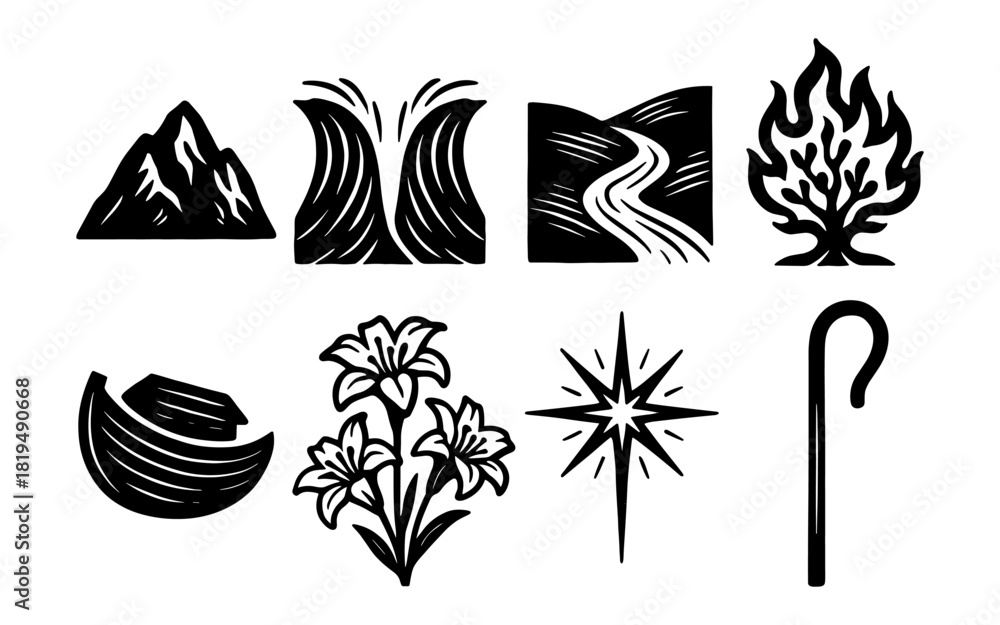 Fototapeta premium Biblical symbols: mountains, sea, pathway, burning bush, ark, lilies, star, shepherd's staff in black silhouette design