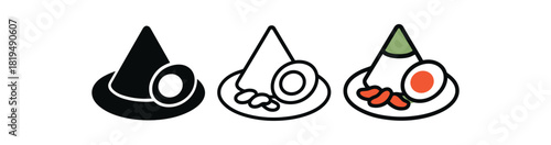 malaysian nasi lemak icons three plates with rice cone egg and peanut shapes one flat solid monochrome one thin black outline black and white one full color flat icon white red and green