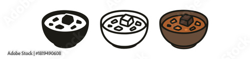 irish stew icons three bowls with meat cube and carrot pieces one flat solid monochrome one thin black outline black and white one full color flat icon brown and orange