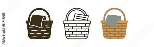 decorative basket icons three woven basket icons with blankets or magazines inside one flat solid monochrome one thin black outline black and white one full color flat icon natural wicker
