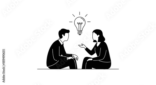 Illustration of two people sitting and talking with a lightbulb above them, representing idea generation and brainstorming.