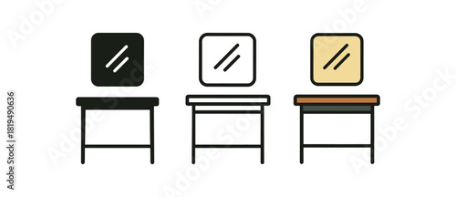 console table icons three slim hallway console icons with mirror above one flat solid monochrome one thin black outline black and white one full color flat icon wood and metal