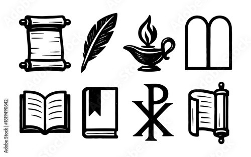 Set of religious symbols in retro black and white style