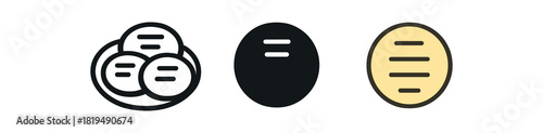 colombian arepa icons three round flatbread silhouettes on small plate one flat solid monochrome one thin black outline black and white one full color flat icon pale