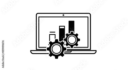 Laptop with bar chart and gears representing data analysis, business processes, and technology optimization.