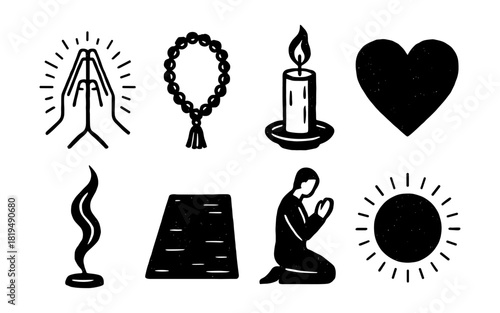 Hand drawn spiritual symbols collection with prayer icons and meditation elements