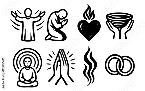 Icon set of spiritual symbols: prayer, meditation, heart, and unity in black and white