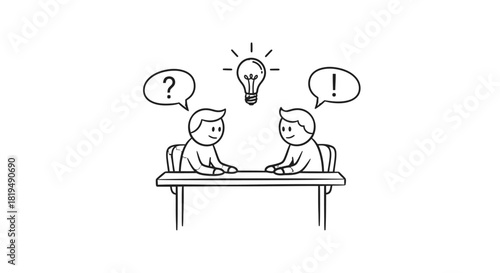 Two people sitting at a table, one with a question mark and the other with an exclamation mark, and a lightbulb symbolizing an idea.