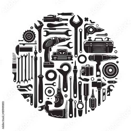 “Mechanical Tools Collection – Circular Toolbox Icon Artwork”