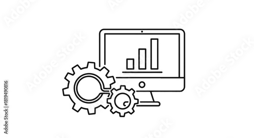 Outline icon depicting data analysis and process management with a computer monitor showing a bar chart and interconnected gears.