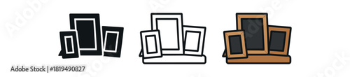 photo frame cluster icons three tabletop frame clusters with small rectangles one flat solid monochrome one thin black outline black and white one full color flat icon black and wood
