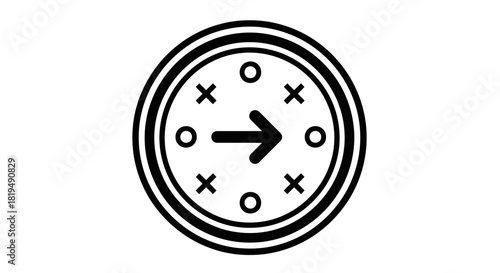 A circular diagram with a right-pointing arrow, surrounded by circles and crosses, representing a process.