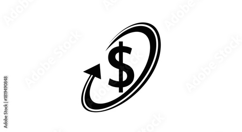 A black and white graphic illustration of a dollar sign inside an oval with an arrow indicating rotation or return.