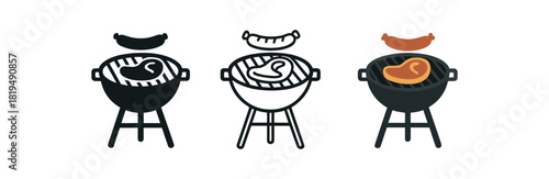 south african braai icons three grill silhouettes with sausage and steak shapes one flat solid monochrome one thin black outline black and white one full color flat icon dark grate and warm