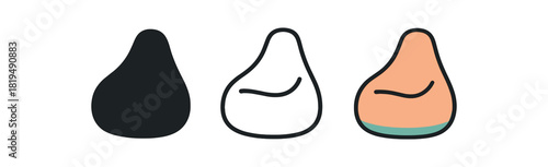 bean bag chair icons three relaxed bean bag silhouettes one flat solid monochrome one thin black outline black and white one full color flat icon soft playful tones