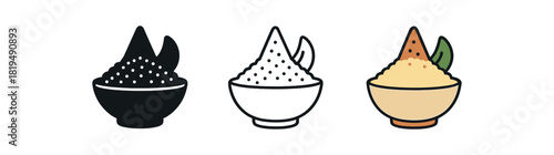 algerian couscous icons three bowls with grain mound and vegetable cone one flat solid monochrome one thin black outline black and white one full color flat icon beige orange and green