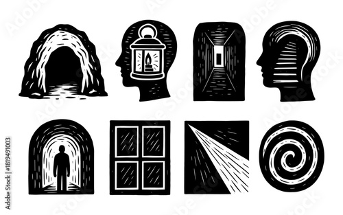 Abstract human profiles and surreal geometric elements in monochrome