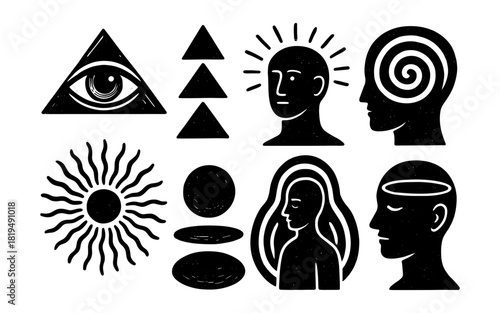 Mystical symbol set with human heads and geometric patterns in grunge style