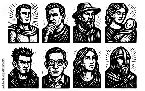 Collection of expressive hand-drawn portraits in woodcut style featuring diverse figures