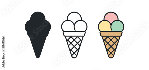 italian gelato icons three gelato scoops waffle cone silhouettes one flat solid monochrome one thin black outline black and white one full color flat icon soft pastel flavors