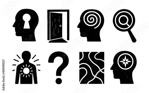 Abstract human silhouette with keyhole, spiral, and question mark symbols
