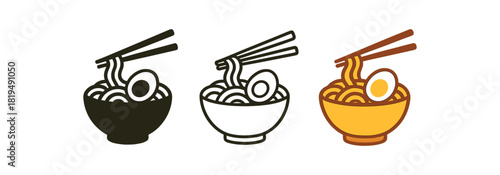 japanese ramen icons three bowls with noodles egg slice and chopsticks one flat solid monochrome one thin black outline black and white one full color flat icon warm noodle colors