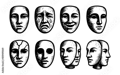 Emotional theatre masks in hand-drawn vintage style