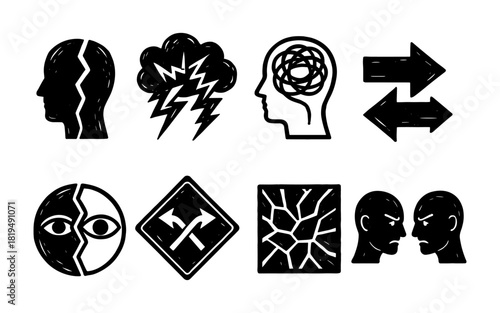 Psychological health issues and emotional challenges symbols in hand drawn style