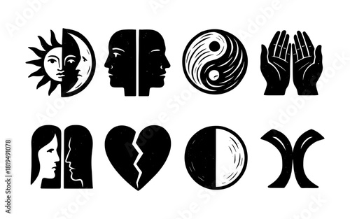 Mystical celestial and yin yang symbols in monochrome style