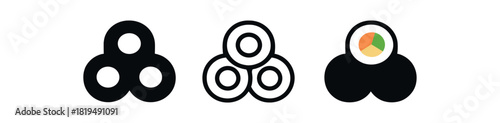 korean kimbap icons three sliced seaweed roll silhouettes with circular filling one flat solid monochrome one thin black outline black and white one full color flat icon black white and
