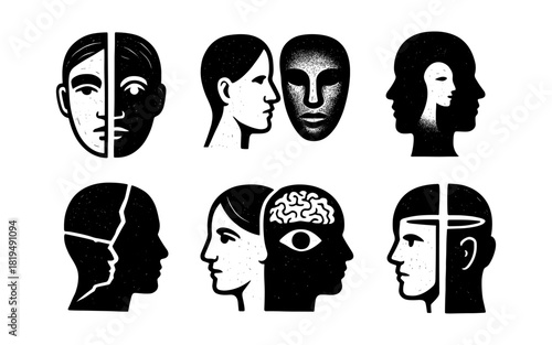 Black and white abstract human faces with psychological concepts