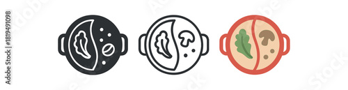 chinese hot pot icons three round pot silhouettes with divided broth and ingredient shapes one flat solid monochrome one thin black outline black and white one full color flat icon red