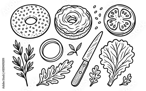 Hand-drawn bagel toppings with herbs and knife on white background