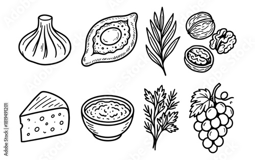 Hand drawn georgian cuisine icons: khinkali, khachapuri, walnuts, cheese, and grapes