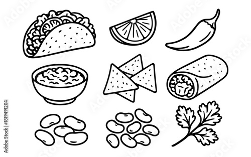 Mexican food doodles: taco, burrito, nachos, salsa, and more in line art style