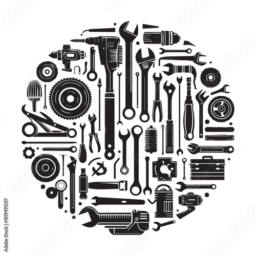 “Round Tools Design – Black and White Hardware Equipment Graphic”