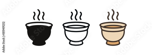 tibetan butter tea icons three cups with thick rim and steam lines one flat solid monochrome one thin black outline black and white one full color flat icon beige and soft brown